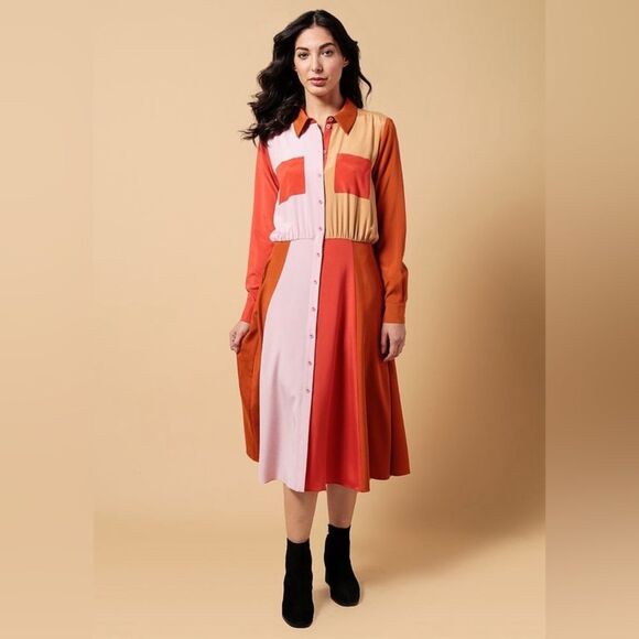 Stine Goya Renee Silk Button Down Colorblock Midi Shirt Dress Long Sleeve Large - Picture 1 of 8